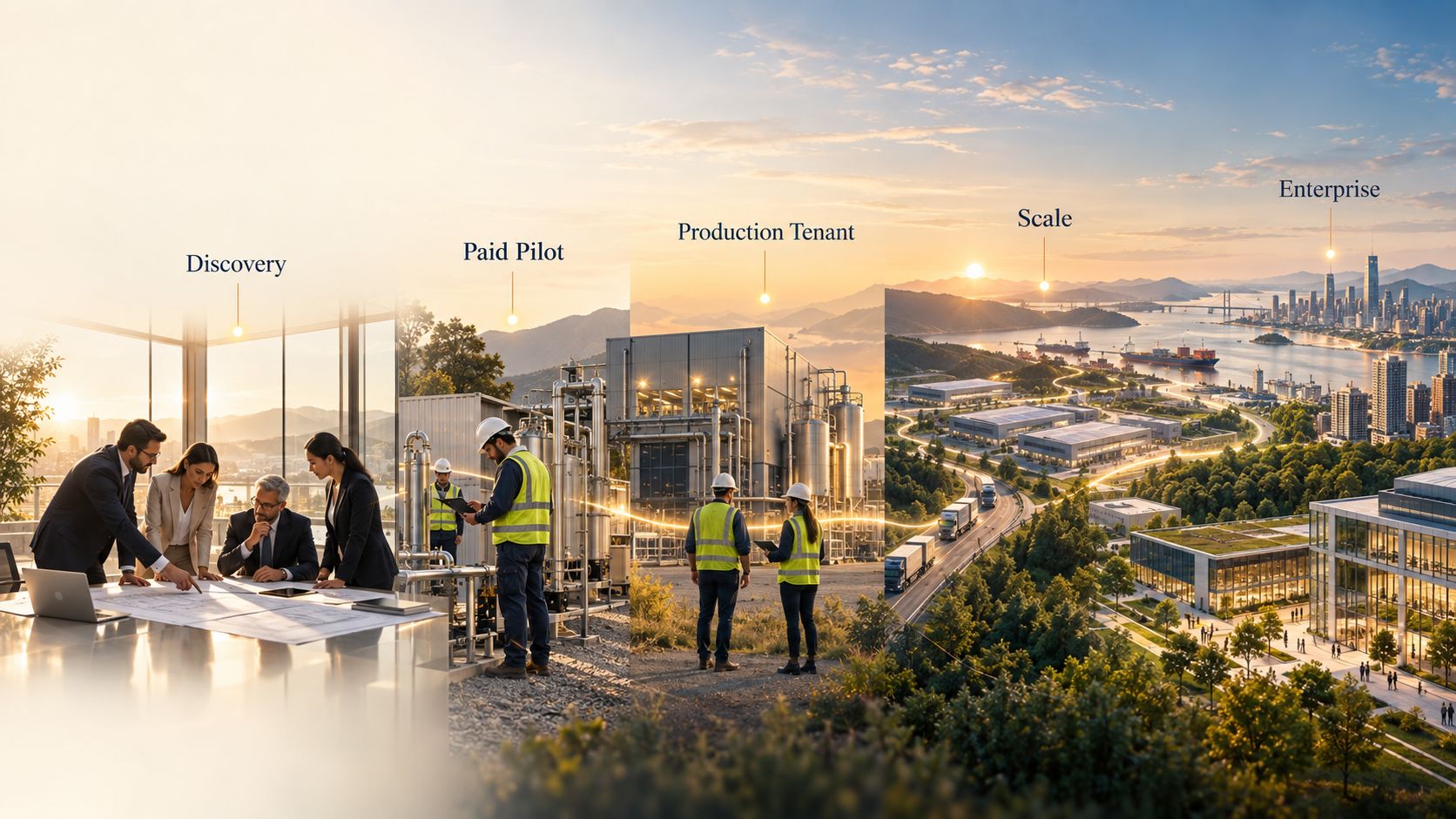 The five stages of buying Euthyna as one continuous scene: a planning meeting for Discovery, a small plant for the Paid pilot, a production facility for the Production tenant, an industrial district for Scale, and a city skyline for Enterprise.
